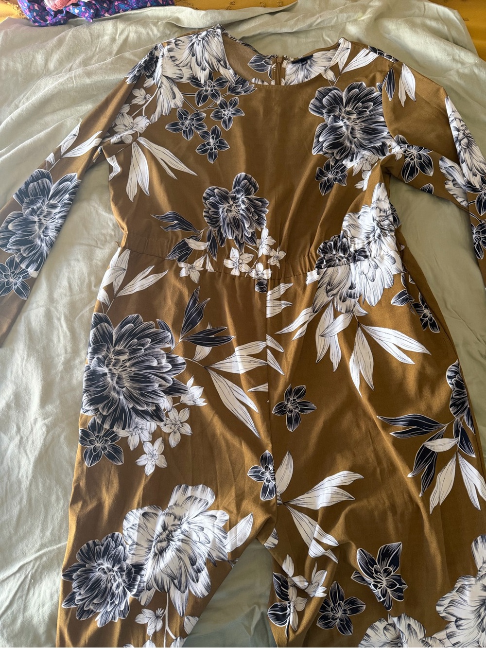 Floral Long Sleeve Jumpsuit in olive green and White flowers